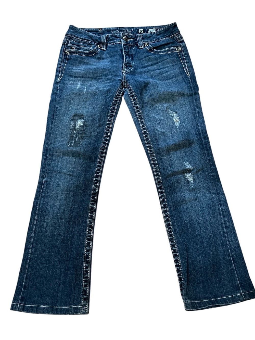 MISS ME BOOT CUT DISTRESSED EMBELLISHED DENIM JEANS BLUE SIZE 30